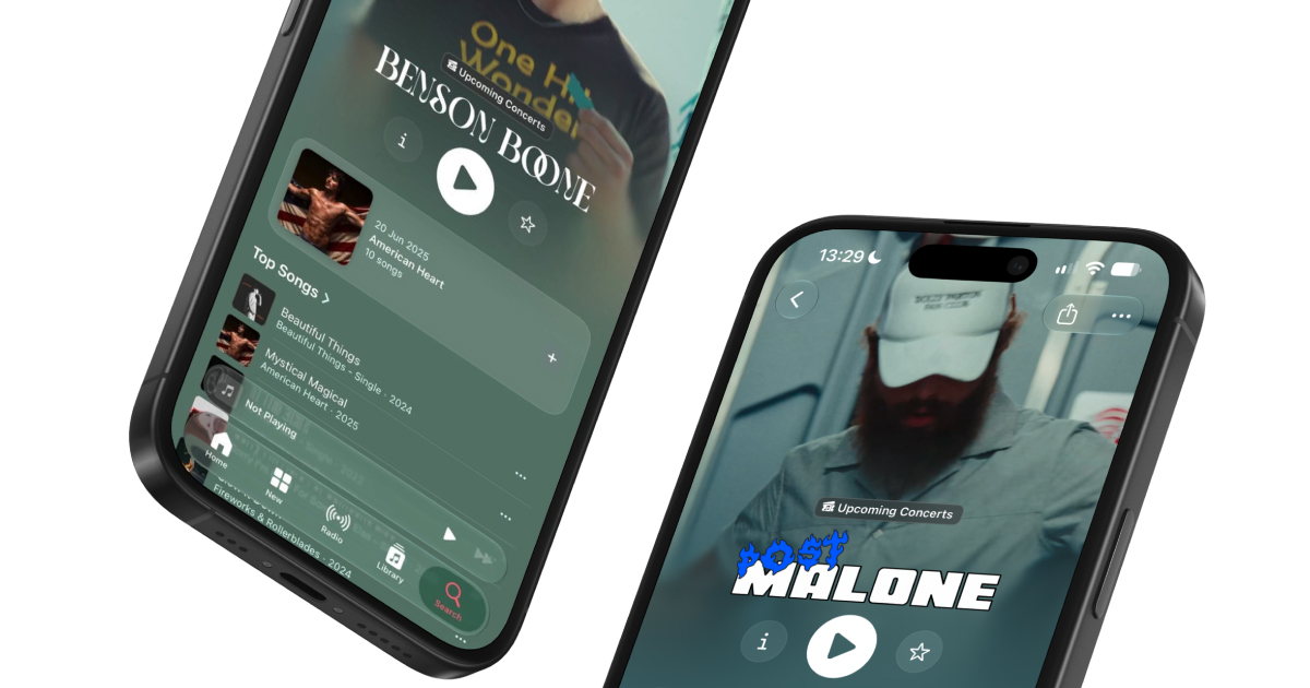 Benson Boone and Post Malone logos on the redesigned Apple Music artist pages